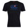 Black Canterbury New Zealand CCC Flag Club T-Shirt by WRS Canterbury, featuring a blue "Canterbury" logo and part of a Union Jack flag.