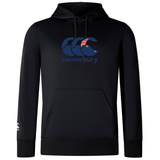 The black Canterbury New Zealand CCC Club Lightweight Hoodie by WRS Canterbury features a blue styled "Canterbury" logo with a Union Jack on the front, a kangaroo pocket, and a small white logo on the left sleeve.