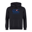 Introducing the Canterbury New Zealand CCC Flag Club Hoodie by WRS Canterbury: a sleek black hoodie with the iconic CCC logo and a small Union Jack, crafted from cozy sweatshirt fleece with three bold white stripes on the right sleeve for added style.