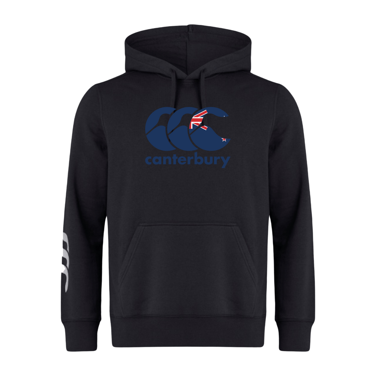 Introducing the Canterbury New Zealand CCC Flag Club Hoodie by WRS Canterbury: a sleek black hoodie with the iconic CCC logo and a small Union Jack, crafted from cozy sweatshirt fleece with three bold white stripes on the right sleeve for added style.