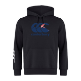 Introducing the Canterbury New Zealand CCC Flag Club Hoodie by WRS Canterbury: a sleek black hoodie with the iconic CCC logo and a small Union Jack, crafted from cozy sweatshirt fleece with three bold white stripes on the right sleeve for added style.