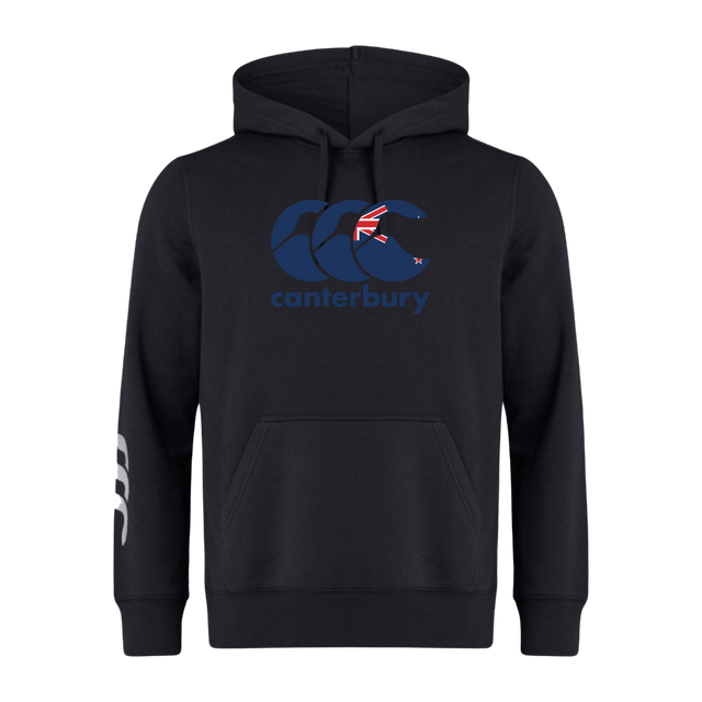Introducing the Canterbury New Zealand CCC Flag Club Hoodie by WRS Canterbury: a sleek black hoodie with the iconic CCC logo and a small Union Jack, crafted from cozy sweatshirt fleece with three bold white stripes on the right sleeve for added style.