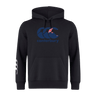 Introducing the Canterbury New Zealand CCC Flag Club Hoodie by WRS Canterbury: a sleek black hoodie with the iconic CCC logo and a small Union Jack, crafted from cozy sweatshirt fleece with three bold white stripes on the right sleeve for added style.