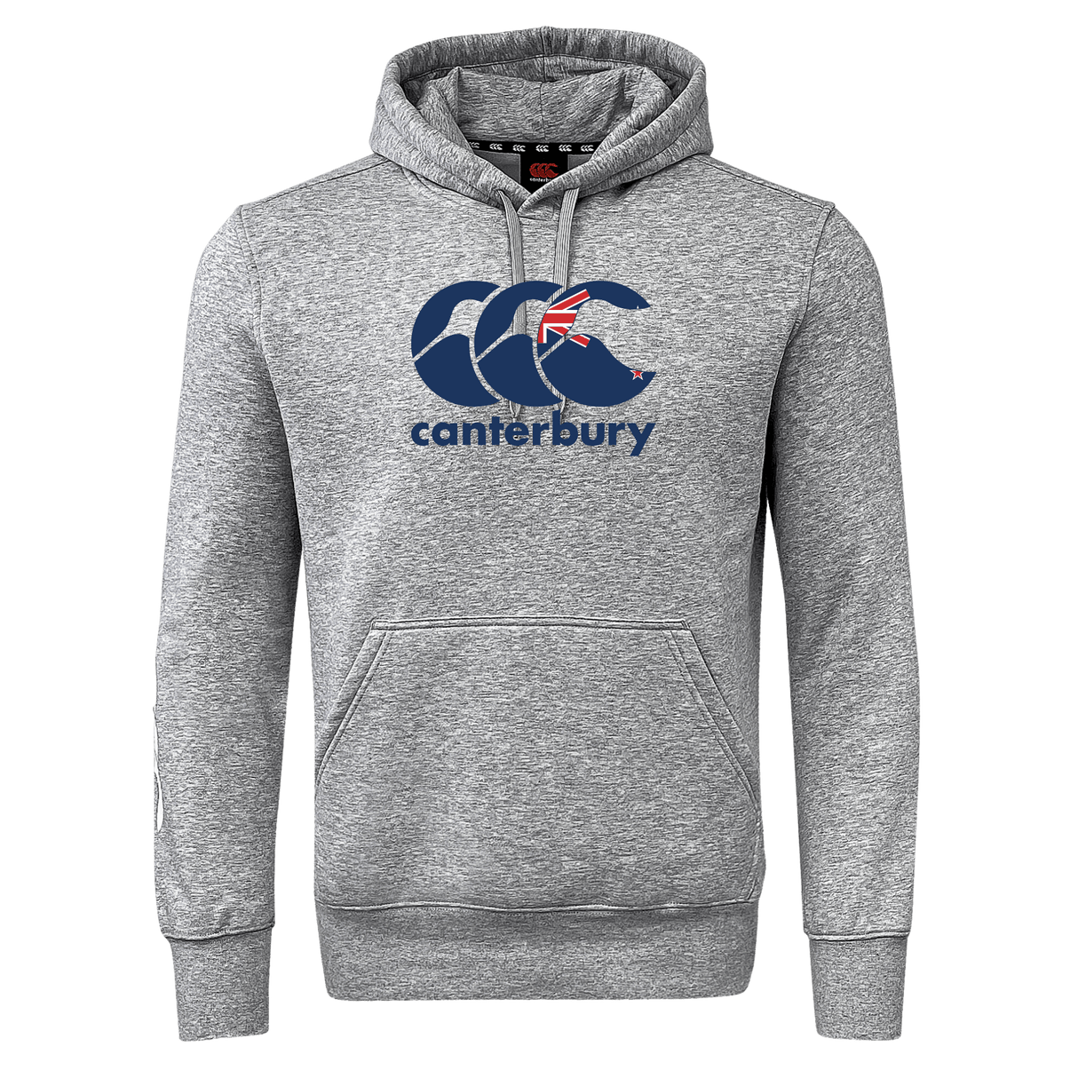 The WRS Canterbury New Zealand CCC Flag Club Hoodie is a gray sweatshirt fleece with a kangaroo pocket and the iconic CCC logo on the chest.