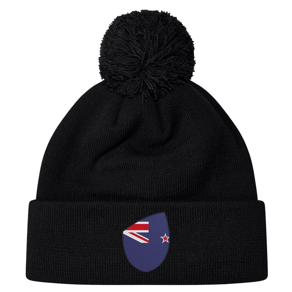 The New Zealand Shield Pom Pom Beanie by EMB Canterbury in black combines warmth with national pride, featuring a stylish badge.