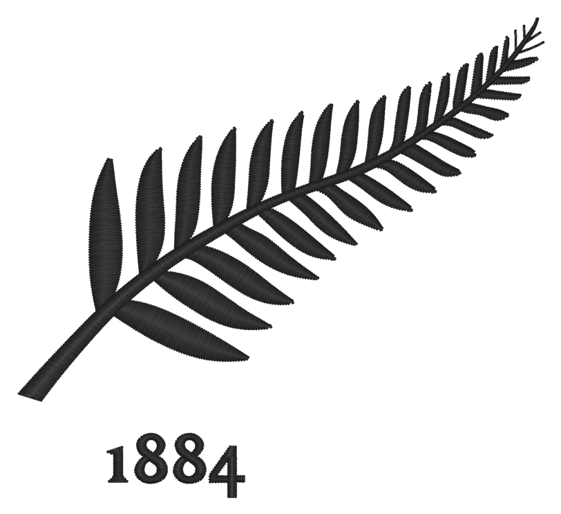 Illustration of a black fern leaf with the number 1884 below it, representing a EMB Mudoo Nations of Rugby New Zealand Vintage Hooped Classic Jersey.