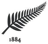Illustration of a black fern leaf with the number 1884 below it, representing a EMB Mudoo Nations of Rugby New Zealand Vintage Hooped Classic Jersey.