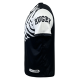 Side view of a black and white Nations of Rugby New Zealand 7s Rugby Flag Supporters Jersey by Admiral with the word "RUGBY" in bold letters on the sleeve. The 7s rugby supporters jersey features a stylized fern design and logos near the hemline.