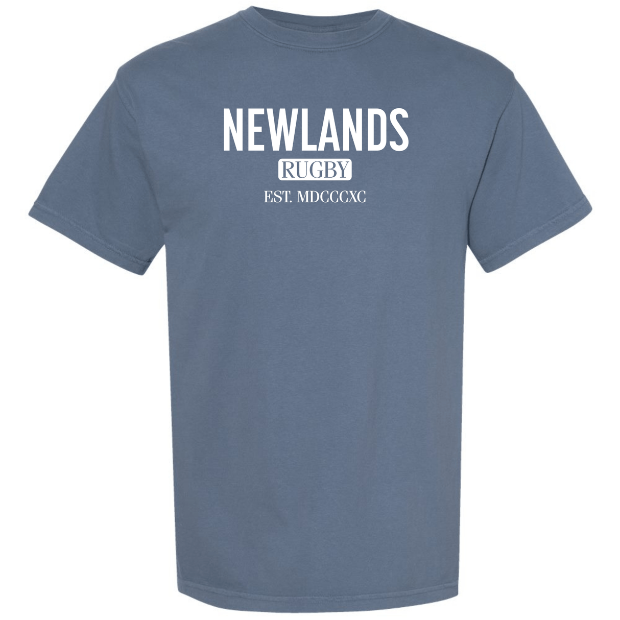 The WRS S&S Activewear Newlands Stadium Tee features a blue design with "NEWLANDS RUGBY EST. MDCCCXC" in white on the front—a classic Cape Town rugby shirt for fans.