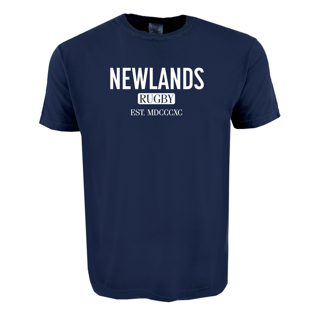The WRS S&S Activewear Newlands Stadium Tee is a navy blue shirt with "NEWLANDS RUGBY EST. MDCGCXC" in white on the front—a classic choice for Cape Town rugby fans.