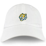 The Noble Street College Prep Adult Low-Profile Cotton Twill Dad Cap by EMB S&S Activewear is a white dad cap featuring an embroidered tiger head logo in yellow, blue, and white on the front.