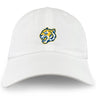 The Noble Street College Prep Adult Low-Profile Cotton Twill Dad Cap by EMB S&S Activewear is a white dad cap featuring an embroidered tiger head logo in yellow, blue, and white on the front.