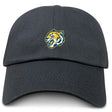 The Noble Street College Prep Adult Low-Profile Cotton Twill Dad Cap by EMB S&S Activewear is a black cap with an embroidered tiger head logo in yellow, blue, and white on the front center.