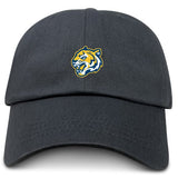 The Noble Street College Prep Adult Low-Profile Cotton Twill Dad Cap by EMB S&S Activewear is a black cap with an embroidered tiger head logo in yellow, blue, and white on the front center.