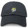 The Noble Street College Prep Adult Low-Profile Cotton Twill Dad Cap by EMB S&S Activewear is a black cap with an embroidered tiger head logo in yellow, blue, and white on the front center.