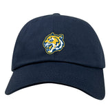The EMB S&S Activewear Noble Street College Prep Adult Low-Profile Cotton Twill Dad Cap is a navy blue hat featuring a yellow and white embroidered tiger head logo on the front.