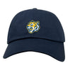 The EMB S&S Activewear Noble Street College Prep Adult Low-Profile Cotton Twill Dad Cap is a navy blue hat featuring a yellow and white embroidered tiger head logo on the front.