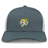 The Noble Street College Prep Retro Trucker Cap by EMB S&S Activewear features gray and white panels, an embroidered yellow and blue tiger head logo on the front, and a classic snapback closure.