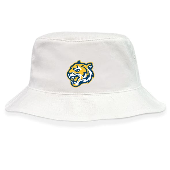 The Noble Street College Prep Crusher Bucket Cap by EMB S&S Activewear features a cotton twill build and an embroidered yellow and blue tiger head logo on the front, combining style with sun protection.