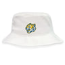 The Noble Street College Prep Crusher Bucket Cap by EMB S&S Activewear features a cotton twill build and an embroidered yellow and blue tiger head logo on the front, combining style with sun protection.