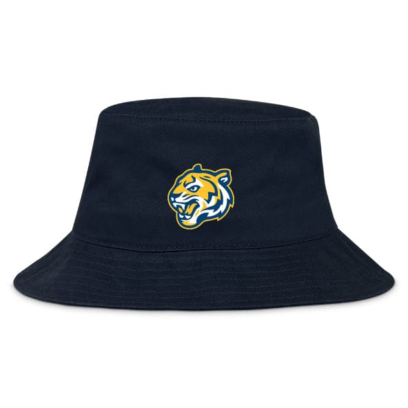The EMB S&S Activewear Noble Street College Prep Crusher Bucket Cap is a navy blue cotton twill hat with an embroidered tiger head logo on the front, combining stylish design and sun protection.