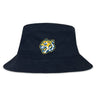 The EMB S&S Activewear Noble Street College Prep Crusher Bucket Cap is a navy blue cotton twill hat with an embroidered tiger head logo on the front, combining stylish design and sun protection.
