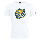 Introducing the Noble Street College Prep Club Plain Tee by WRS Canterbury, a cotton-heavy white t-shirt featuring a stylized tiger head logo in yellow and blue on the front.