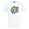 Introducing the Noble Street College Prep Club Plain Tee by WRS Canterbury, a cotton-heavy white t-shirt featuring a stylized tiger head logo in yellow and blue on the front.