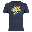 The Noble Street College Prep Club Plain Tee by WRS Canterbury is a navy blue T-shirt made from a cotton-heavy blend, featuring a stylized yellow and white tiger head logo in the center.