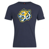 The Noble Street College Prep Club Plain Tee by WRS Canterbury is a navy blue T-shirt made from a cotton-heavy blend, featuring a stylized yellow and white tiger head logo in the center.