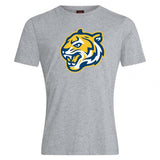 The Noble Street College Prep Club Plain Tee by WRS Canterbury is a customizable gray T-shirt featuring a stylized tiger head logo in yellow and blue, crafted from a cotton-heavy blend for ultimate comfort.