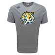 The Noble Street College Prep Tempo Vapodri T-Shirt by WRS Canterbury is a gray sports tee showcasing a stylized tiger head logo in yellow, blue, and white on the front. With VapoDri technology, it offers moisture-wicking comfort for any activity.