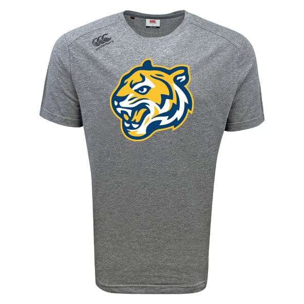 The Noble Street College Prep Tempo Vapodri T-Shirt by WRS Canterbury is a gray sports tee showcasing a stylized tiger head logo in yellow, blue, and white on the front. With VapoDri technology, it offers moisture-wicking comfort for any activity.