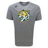 The Noble Street College Prep Tempo Vapodri T-Shirt by WRS Canterbury is a gray sports tee showcasing a stylized tiger head logo in yellow, blue, and white on the front. With VapoDri technology, it offers moisture-wicking comfort for any activity.