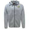 The Noble Street College Prep Tempo Vapodri Full-Zip Hoodie by EMB Canterbury is a gray hoodie with a hood, featuring a tiger logo on the left chest and a small logo on the right shoulder. Made with VapoDri technology, it offers moisture-wicking comfort all day.