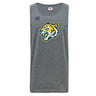 The Noble Street College Prep Tempo Vapodri Singlet by WRS Canterbury is a gray performance top, showcasing a roaring tiger logo. Crafted from recycled polyester with the Canterbury brand logo near the shoulder, it uses VapoDri technology for comfort during intense workouts.