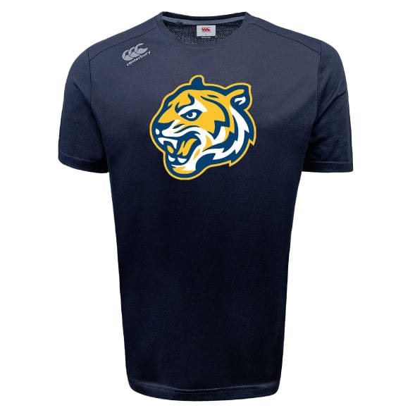 The Noble Street College Prep Tempo VapoDri T-Shirt by WRS Canterbury is a navy sports tee with a fierce tiger head logo in yellow, white, and blue, designed for optimal moisture-wicking performance.