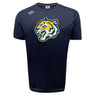 The Noble Street College Prep Tempo VapoDri T-Shirt by WRS Canterbury is a navy sports tee with a fierce tiger head logo in yellow, white, and blue, designed for optimal moisture-wicking performance.