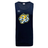The Noble Street College Prep Tempo Vapodri Singlet by WRS Canterbury is a navy blue tank top made from recycled polyester, featuring a tiger mascot logo on the front with the Canterbury branding and logo above it.