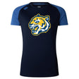 The Noble Street College Prep Women's Elite Training Tee by Canterbury from WRS Canterbury features Vapodri lightweight fabric and displays a navy and blue design with a stylized yellow and white tiger logo on the front.