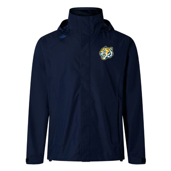 The Noble Street College Prep Elite Storm Jacket by EMB Canterbury is a navy blue waterproof jacket with a yellow tiger logo on the chest, featuring Vaposhield performance for enhanced breathability and a hood.