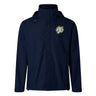 The Noble Street College Prep Elite Storm Jacket by EMB Canterbury is a navy blue waterproof jacket with a yellow tiger logo on the chest, featuring Vaposhield performance for enhanced breathability and a hood.