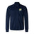The Noble Street College Prep Elite Windstopper Jacket by EMB Canterbury in navy blue features a tiger logo on the left chest and a small design on the right shoulder, providing weatherproof protection for enhanced mobility and comfort.