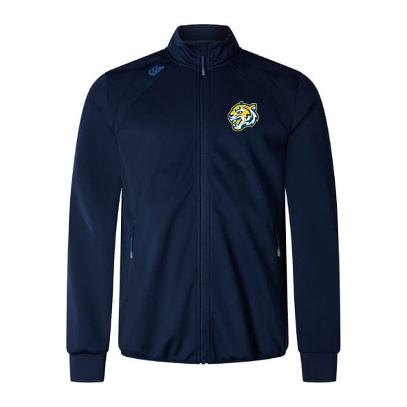 The Noble Street College Prep Elite Windstopper Jacket by EMB Canterbury in navy blue features a tiger logo on the left chest and a small design on the right shoulder, providing weatherproof protection for enhanced mobility and comfort.