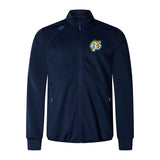 The Noble Street College Prep Elite Windstopper Jacket by EMB Canterbury in navy blue features a tiger logo on the left chest and a small design on the right shoulder, providing weatherproof protection for enhanced mobility and comfort.