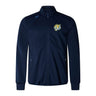 The Noble Street College Prep Elite Windstopper Jacket by EMB Canterbury in navy blue features a tiger logo on the left chest and a small design on the right shoulder, providing weatherproof protection for enhanced mobility and comfort.