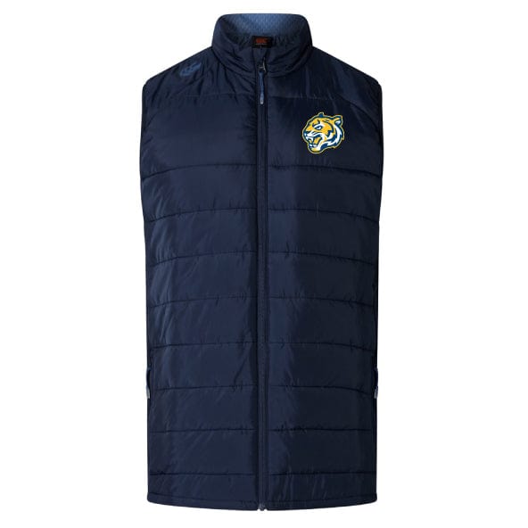 The Noble Street College Prep Elite Microlite Gilet by EMB Canterbury is a navy blue sleeveless vest featuring insulated baffles and a tiger logo on the left chest, displayed on a white background.