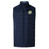 The Noble Street College Prep Elite Microlite Gilet by EMB Canterbury is a navy blue sleeveless vest featuring insulated baffles and a tiger logo on the left chest, displayed on a white background.