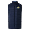 The Noble Street College Prep Elite Microlite Gilet by EMB Canterbury is a navy blue sleeveless vest featuring insulated baffles and a tiger logo on the left chest, displayed on a white background.