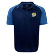 Crafted with Vapodri fabrics, the EMB Canterbury Noble Street College Prep Elite Polo features a navy blue body, light blue sleeves, a tiger logo on the chest, and a small manufacturer's logo on the shoulder. This lightweight and durable shirt is perfect for any occasion.